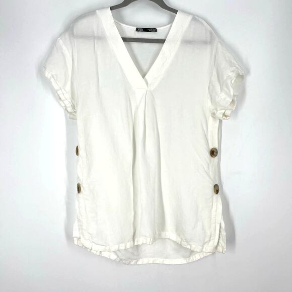 Zara White Cotton Linen V-Neck Tunic Blouse Small - Picture 5 of 5